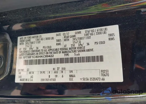 2017 Ford F-150 Xl z USA, uszkodzony, nr VIN 1FTMF1C80HKC89422